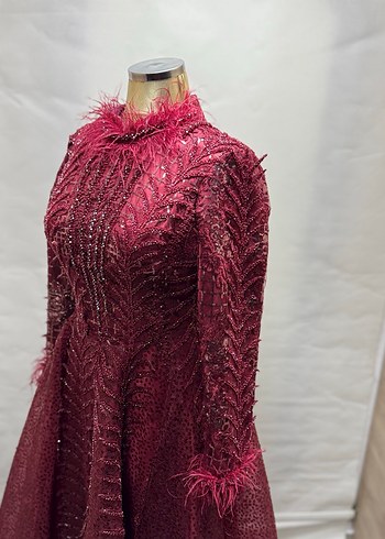 Bordo Parlak Uzun Kollu Kadın Abiye - Görsel 7