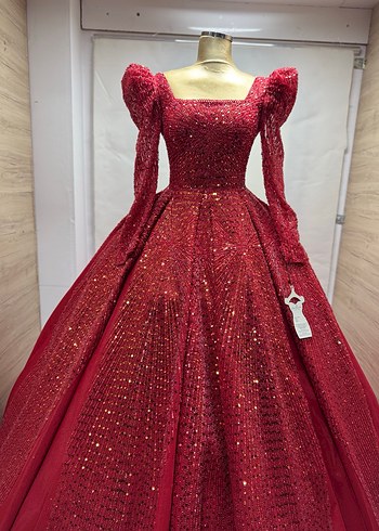 Bordo Uzun Kollu İşlemeli Nişan Elbisesi - Görsel 2