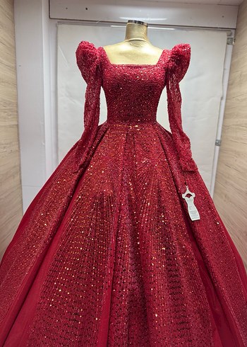 Bordo Uzun Kollu İşlemeli Nişan Elbisesi - Görsel 4