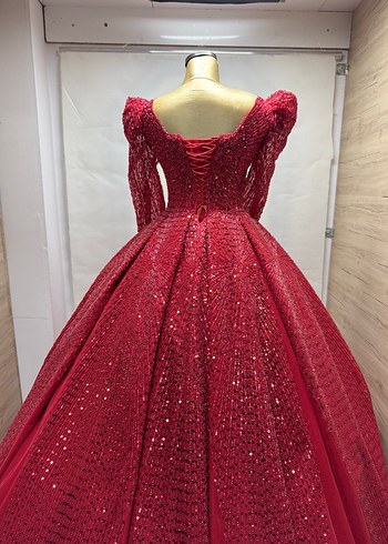 Bordo Uzun Kollu İşlemeli Nişan Elbisesi - Görsel 6