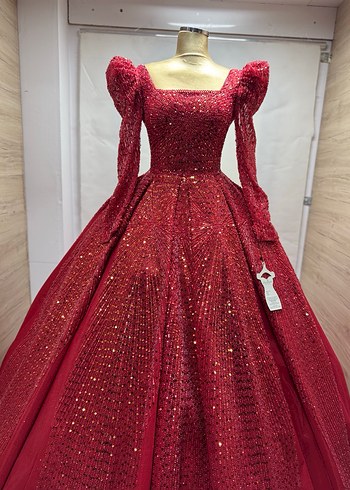 Bordo Uzun Kollu İşlemeli Nişan Elbisesi - Görsel 3