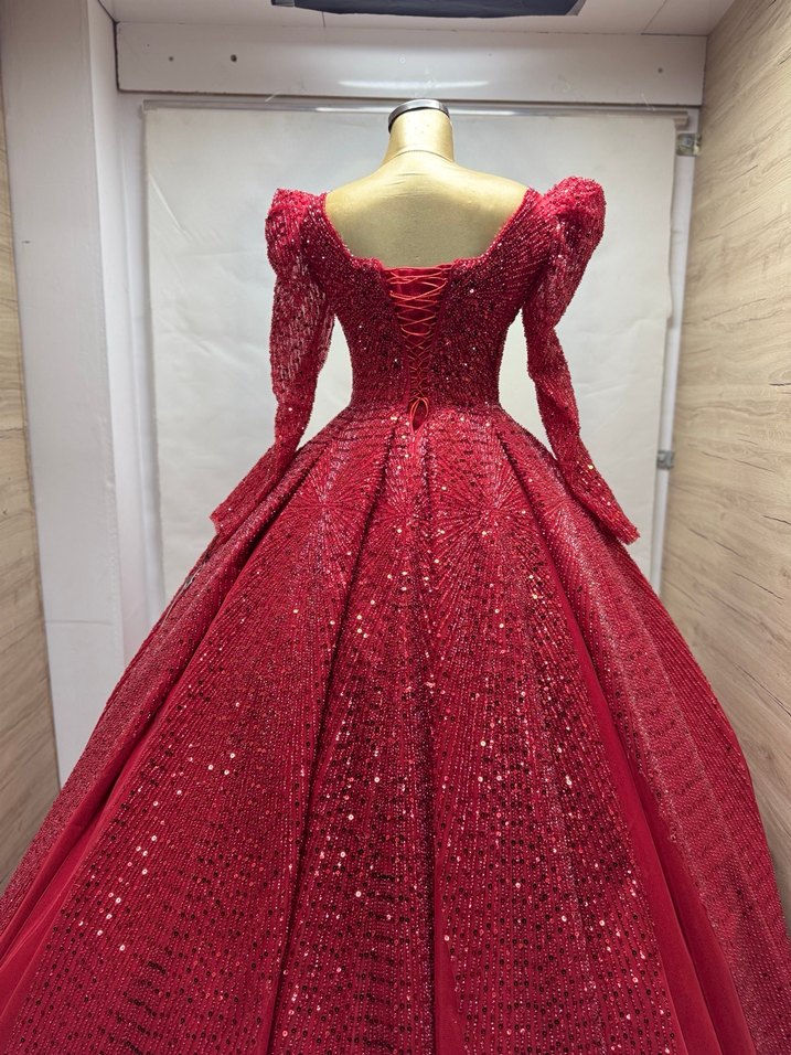 Bordo Uzun Kollu İşlemeli Nişan Elbisesi - Görsel 5