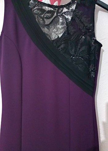 Siyah Detaylı Mor Uzun V Yaka Elbise - Görsel 3