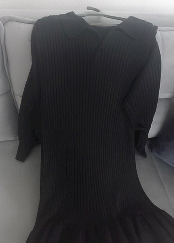 Siyah V Yaka Kemerli Mini Triko Elbise - Görsel 2