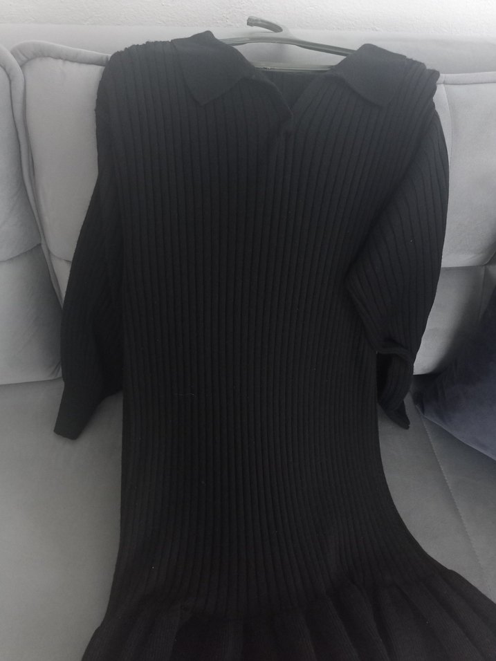 Siyah V Yaka Kemerli Mini Triko Elbise - Görsel 2