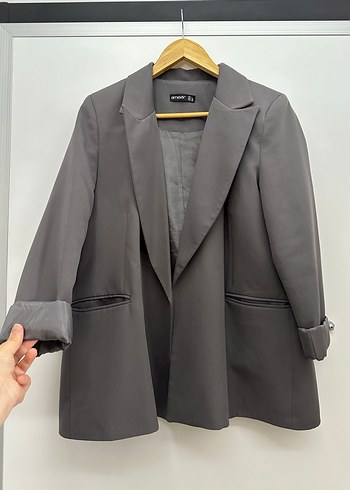 Gri Kadın Midi Boy Düğmeli Blazer Ceket