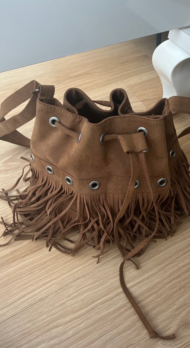 Püsküllü Kahverengi Süet Bohem Çanta - Görsel 2