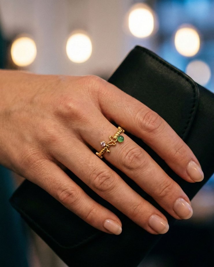 Vintage Yeşil Boncuklu Altın Renkli Kadın Yüzük - Görsel 2