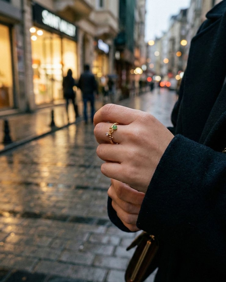 Vintage Yeşil Boncuklu Altın Renkli Kadın Yüzük - Görsel 4