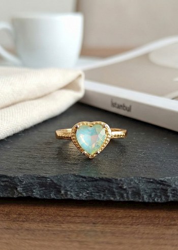 Altın Kristal Pastel Taş Kalp Yüzük - Görsel 2