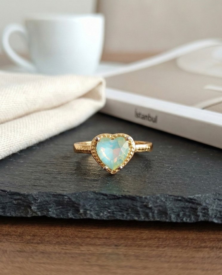 Altın Kristal Pastel Taş Kalp Yüzük - Görsel 2