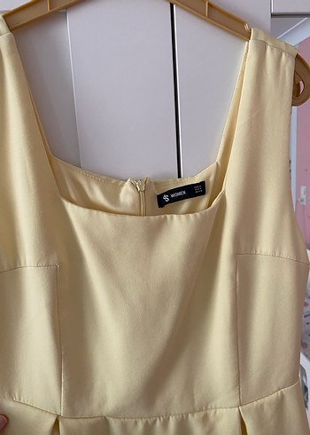 Sarı Midi Pilili Kolsuz Ofis Elbisesi - Görsel 3