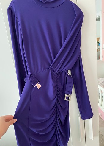 Mor Uzun Drapeli Kadın Elbise - Görsel 2