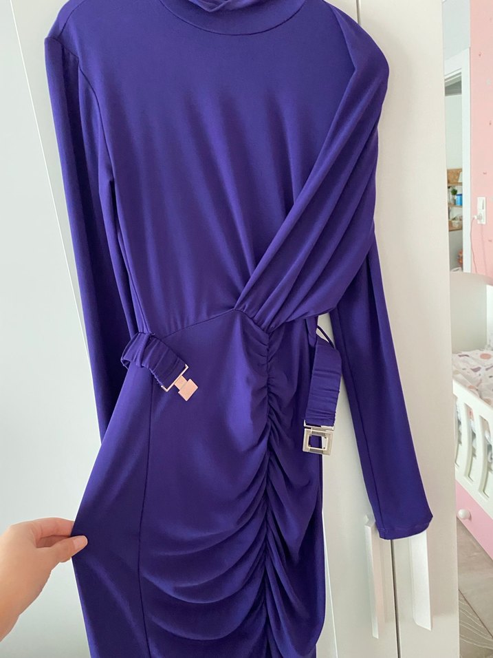 Mor Uzun Drapeli Kadın Elbise - Görsel 2