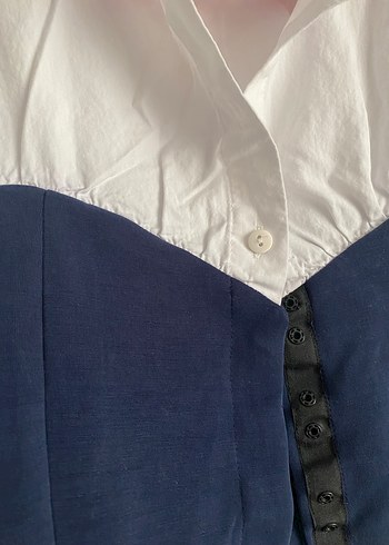 Düğmeli Beyaz lacivert Kadın Gömlek - Görsel 2