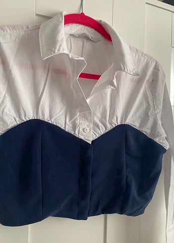 Düğmeli Beyaz lacivert Kadın Gömlek - Görsel 3