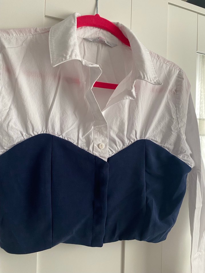 Düğmeli Beyaz lacivert Kadın Gömlek - Görsel 3