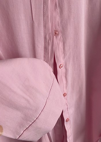 Pembe Düğmeli Keten Gömlek - Görsel 3
