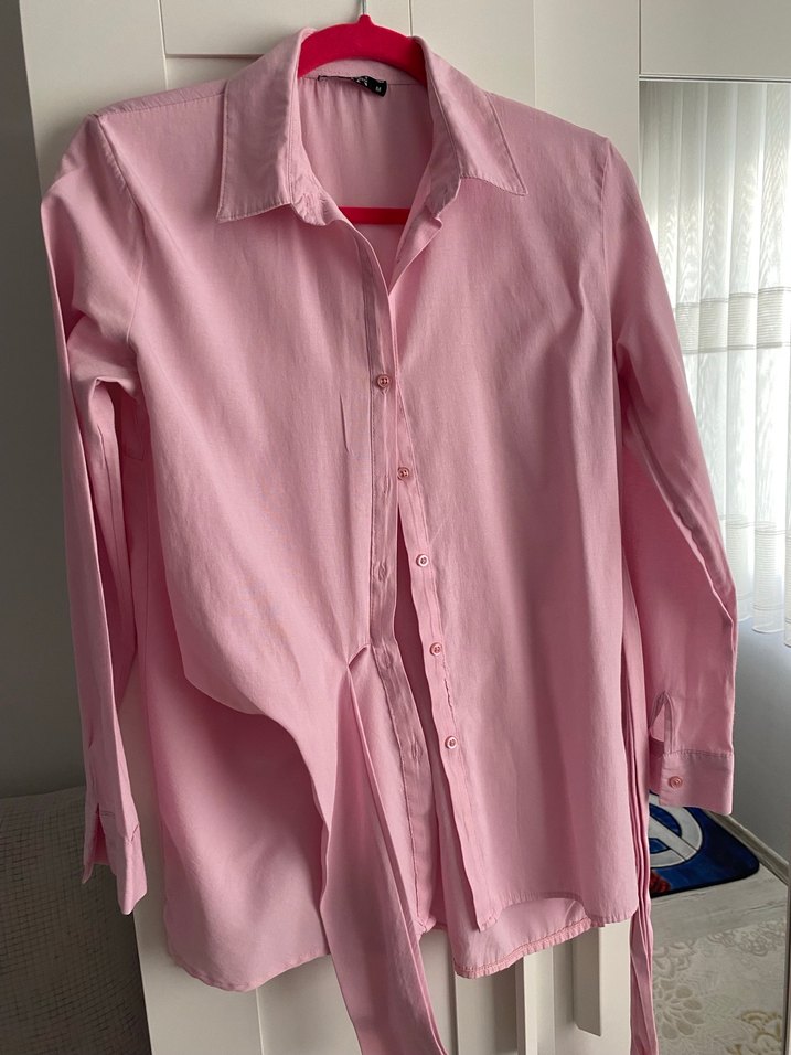 Pembe Düğmeli Keten Gömlek - Görsel 4