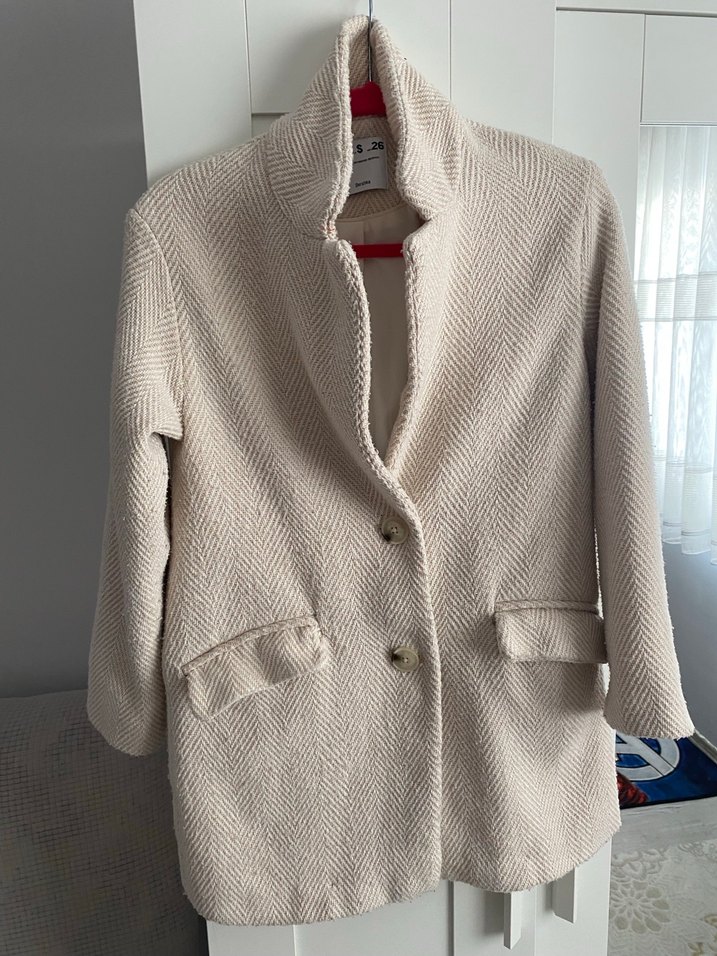 Bej Midi Yünlü Düğmeli Kaban - Görsel 4