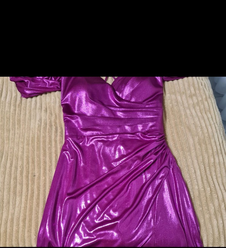 Parlak Fuşya sırtı çapraz gece elbisesi - Görsel 4