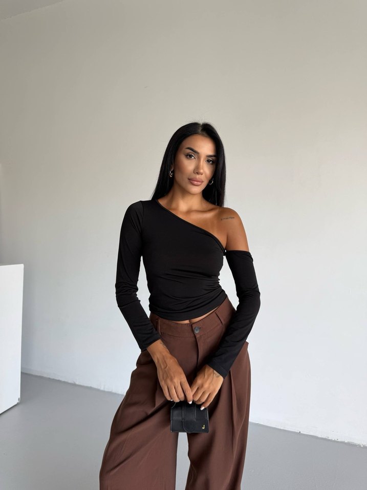 Tek Omuz Uzun Kollu Siyah Bluz - Görsel 2