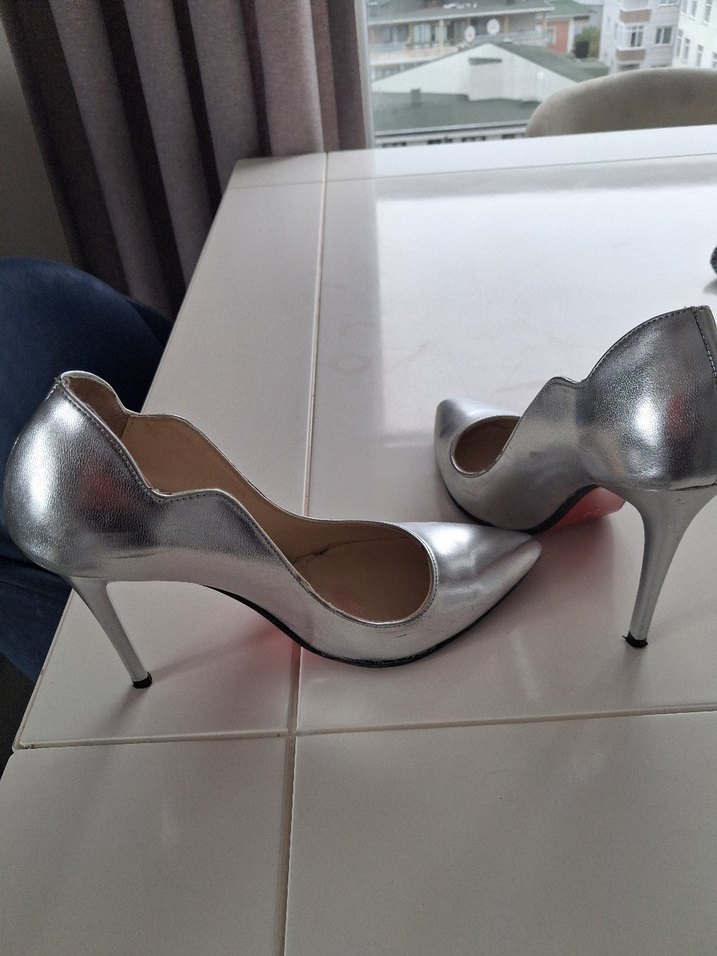 Gri Parlak Metal Topuklu Kadın Stiletto - Görsel 4