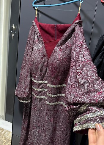 Bordo Uzun Kollu V Yaka Kadın Abiye Elbise - Görsel 3