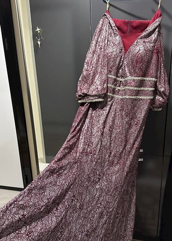 Bordo Uzun Kollu V Yaka Kadın Abiye Elbise - Görsel 4