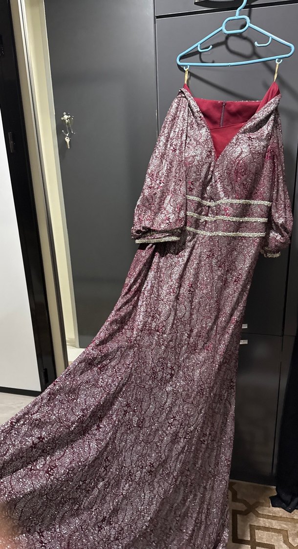 Bordo Uzun Kollu V Yaka Kadın Abiye Elbise - Görsel 4