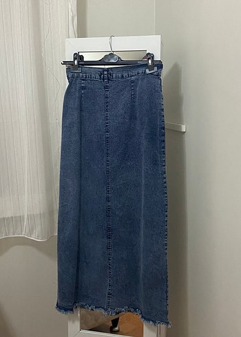 Düğmeli Uzun Mavi Denim Etek - Görsel 2