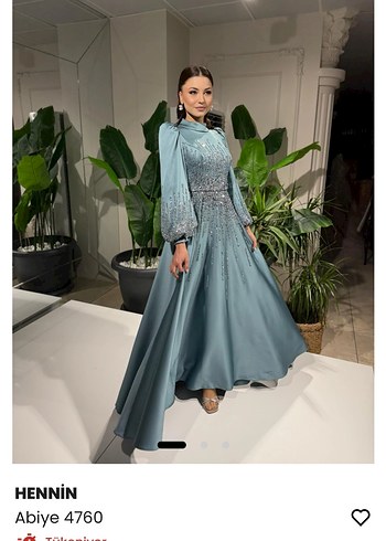 HENNiN Turkuaz Nakışlı Uzun Kollu Abiye - Görsel 4