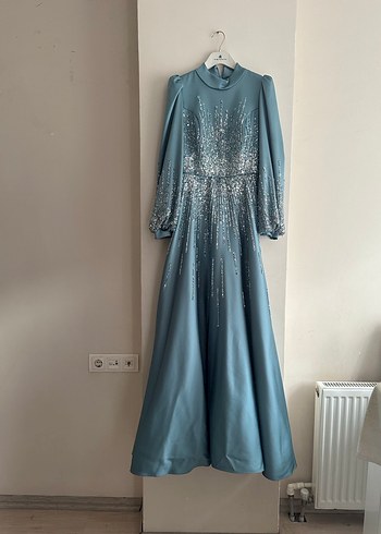 HENNiN Turkuaz Nakışlı Uzun Kollu Abiye - Görsel 2