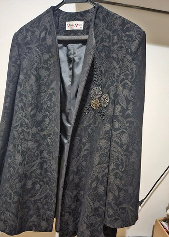 Desenli Gri Kadın Blazer, Düğmeli, Uzun Kollu - Görsel 2