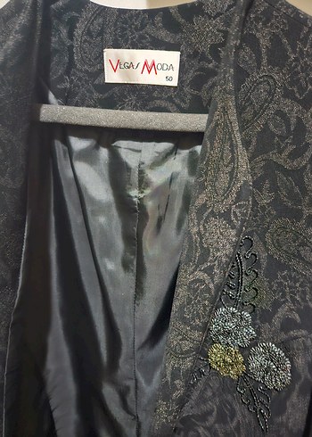 Desenli Gri Kadın Blazer, Düğmeli, Uzun Kollu - Görsel 3