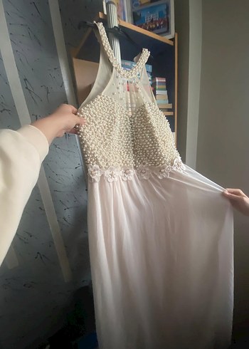 İnci Detaylı Bohem Uzun Beyaz Abiye - Görsel 3