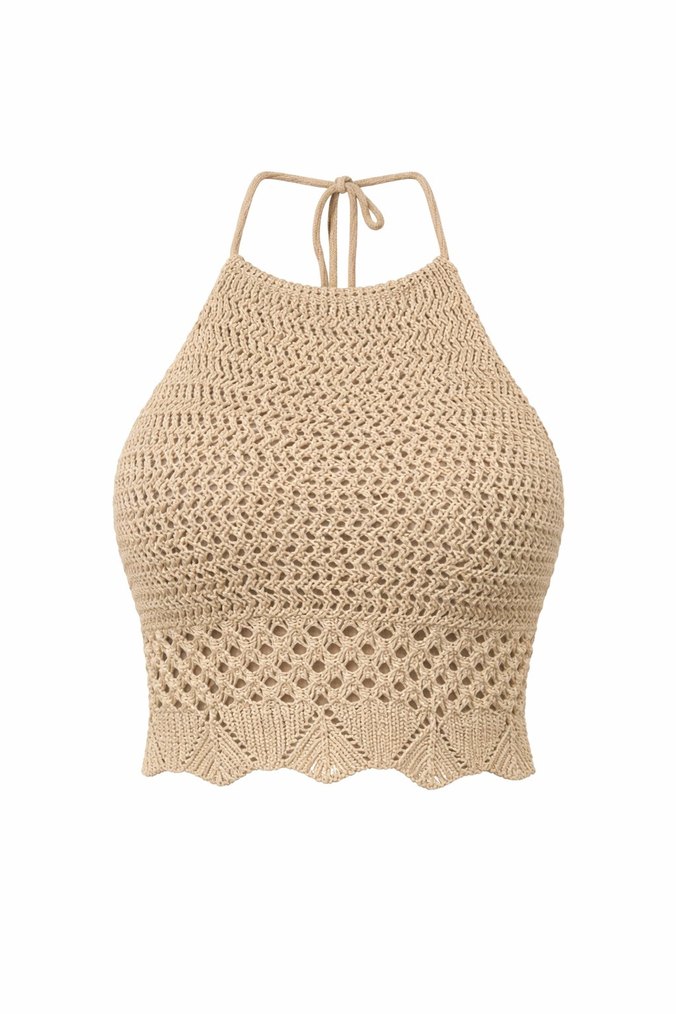 Bej Dantel Detaylı Kısa Bohem Crop Top - Görsel 2