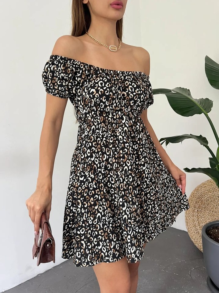 Leopar Desenli Mini Elbise - Görsel 2