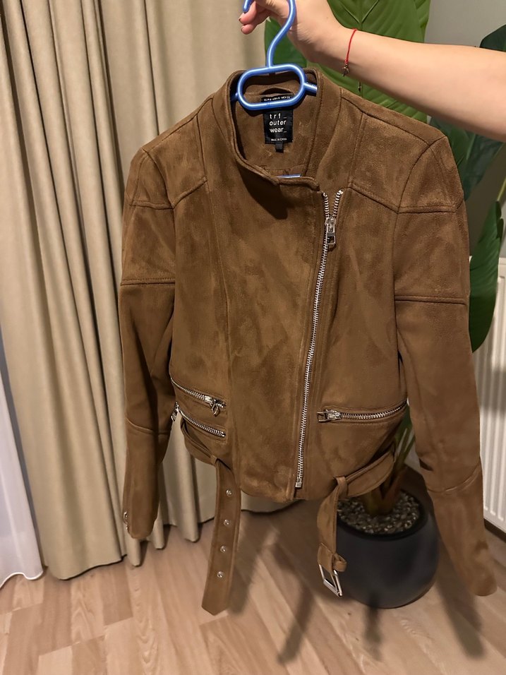 Zara Kahverengi Süet Kemerli Kadın Deri Ceket - Görsel 5