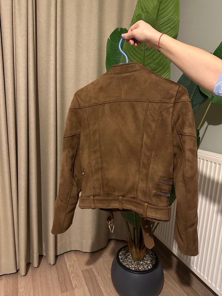 Zara Kahverengi Süet Kemerli Kadın Deri Ceket - Görsel 3