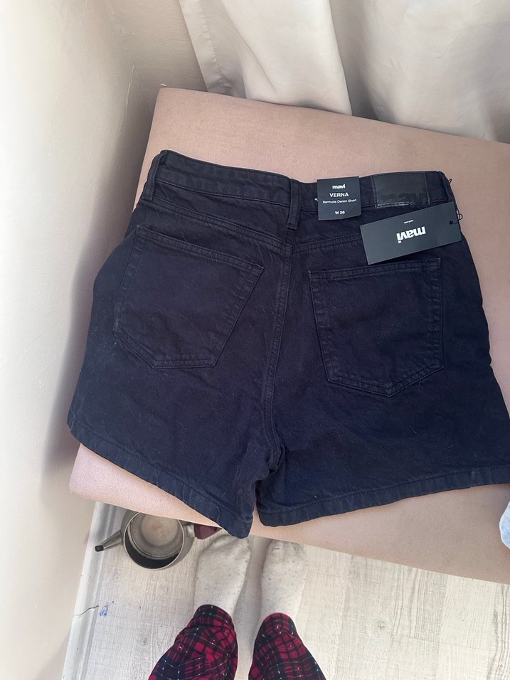 Siyah Yüksek Bel Kadın Denim Şort Mavi - Görsel 3