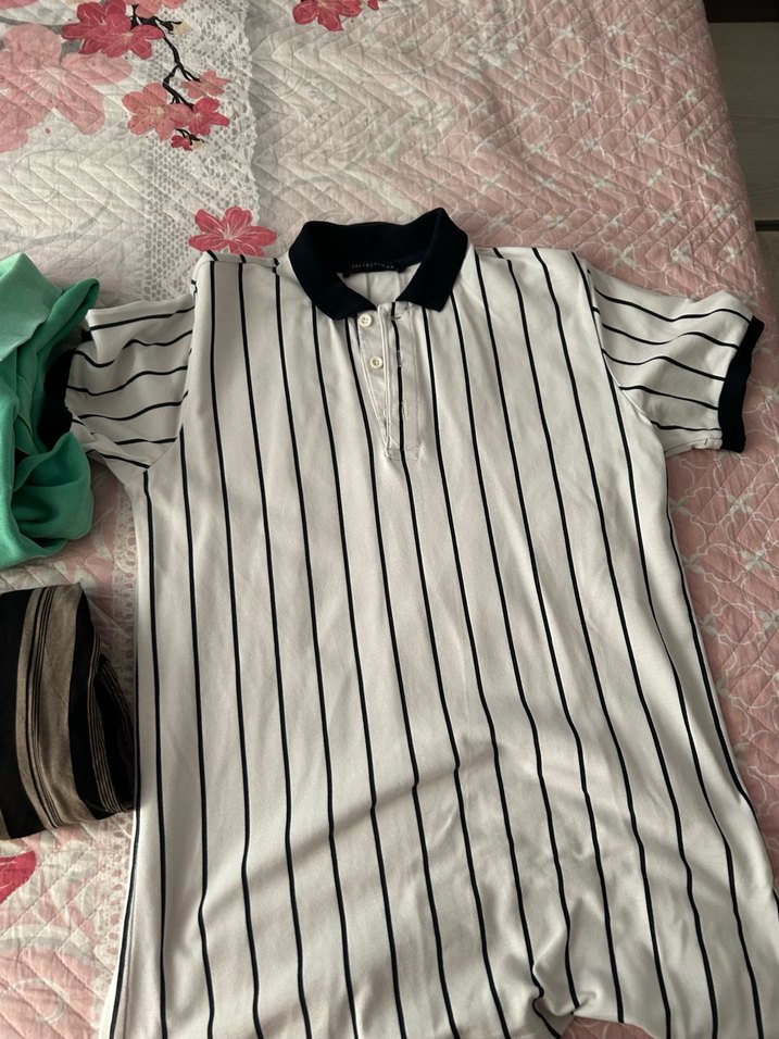 Düğmeli kısa  Kollu Çizgili Beyaz Polo Tişört - Görsel 2