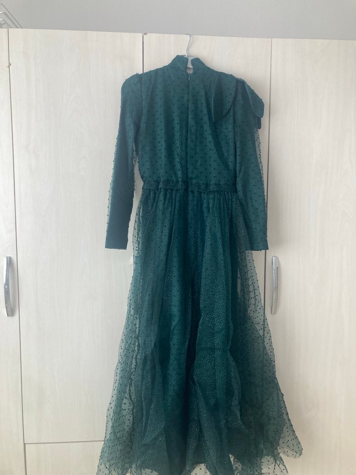 Yeşil Uzun Kollu Vintage Abiye Elbise Duman butik - Görsel 2