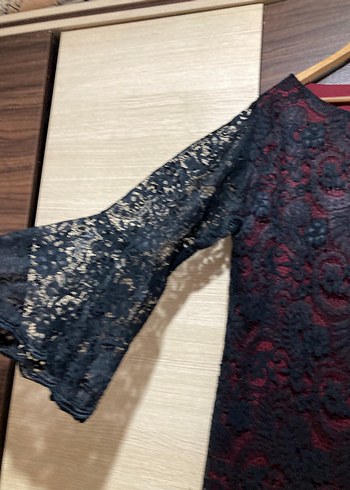 Bordo Siyah Dantelli Uzun Kollu Midi Elbise - Görsel 3