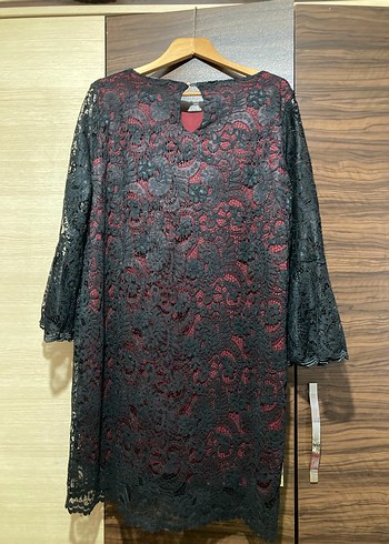 Bordo Siyah Dantelli Uzun Kollu Midi Elbise - Görsel 2