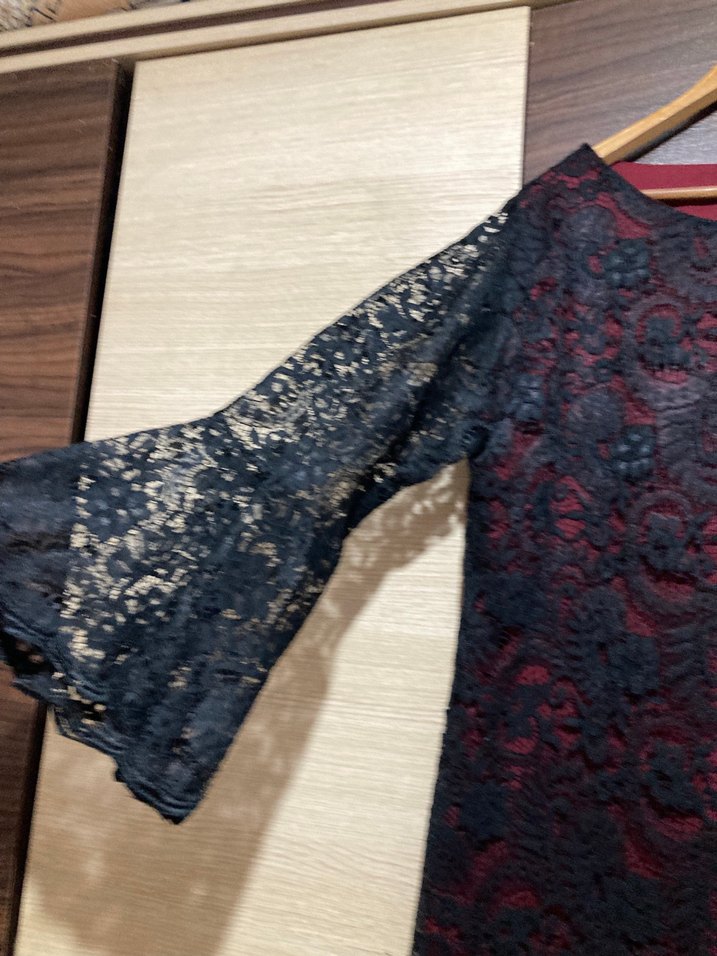 Bordo Siyah Dantelli Uzun Kollu Midi Elbise - Görsel 3