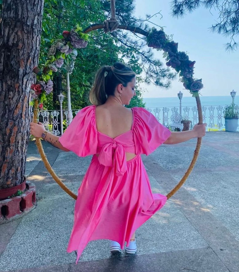 Pembe Midi Elbise, Omuzları Açık, Fırfırlı - Görsel 2