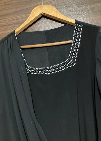 Drapeli Siyah Uzun kare Yaka Elbise - Görsel 2