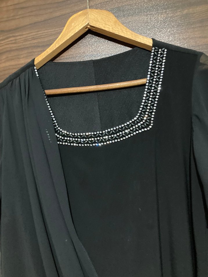 Drapeli Siyah Uzun kare Yaka Elbise - Görsel 2