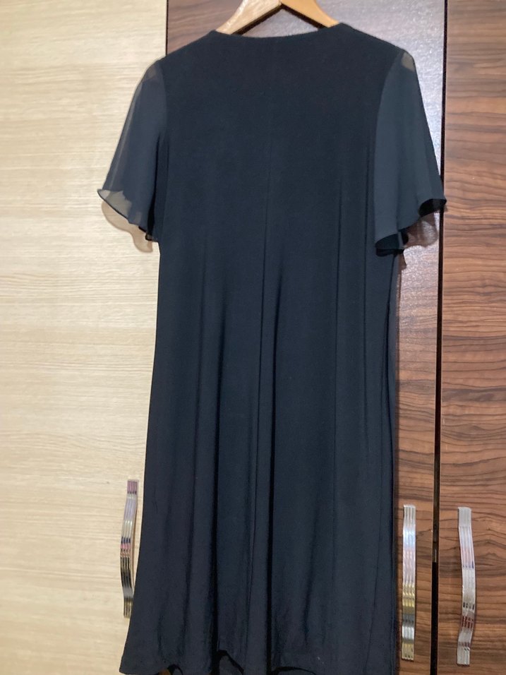 Drapeli Siyah Uzun kare Yaka Elbise - Görsel 3